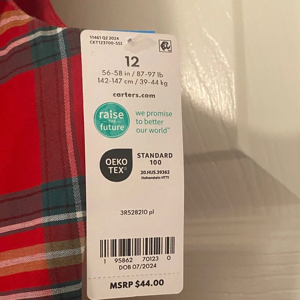 Carter's Classic Red Plaid Sleeveless Dress. Girls size 12. New with tags.